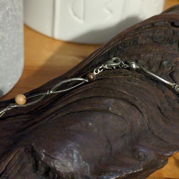 Vintage Sterling Silver Wood Beaded Short Necklace - Picture 2 of 3